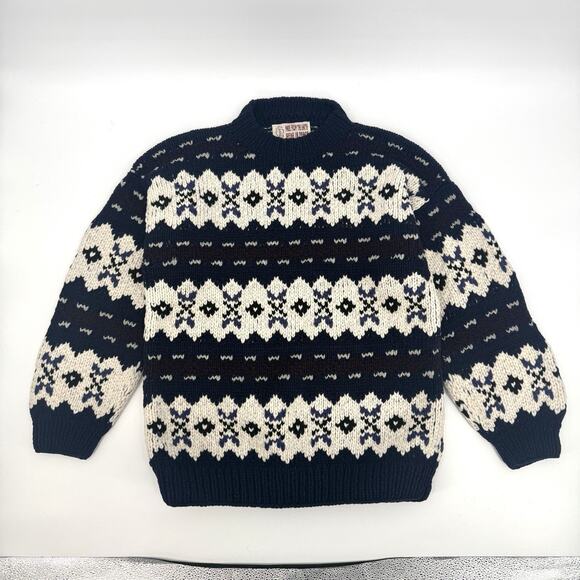Vintage Gypsy Rose Cream/Navy Long Sleeve Fair Isle Pullover Wool Sweater LG/XL - Picture 3 of 10